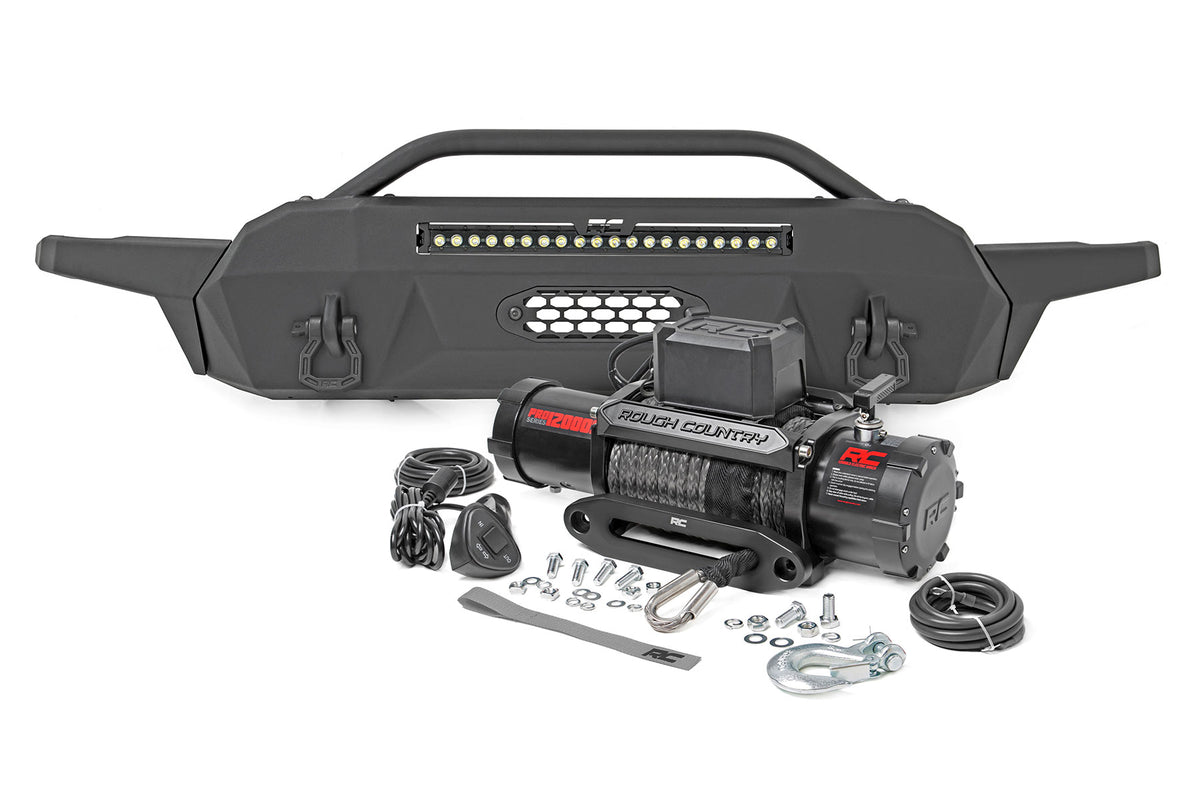 Rough Country Front Bumper | Hybrid | 20" Blk LED | 12000-Lb Winch Syn | Toyota Tacoma (16-23)