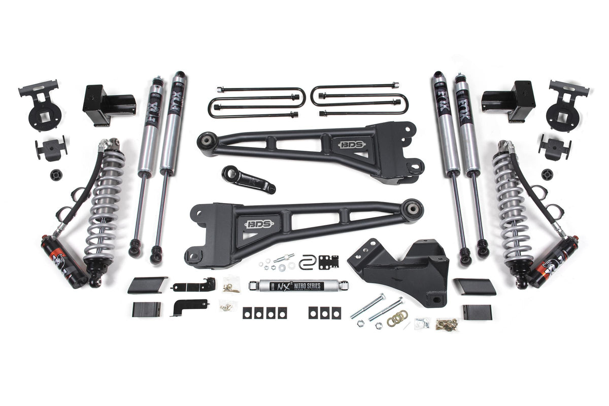 BDS Suspension 4 Inch Lift Kit w/ Radius Arm FOX 2.5 Performance Elite Coil-Over Conversion Ford F250/F350 Super Duty 17-19 4WD Diesel 5 Inch Block 2 Leaf Main FOX 2.0 Performance (BDS1520FPE)