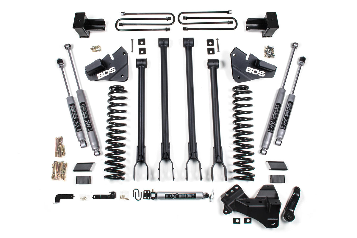 BDS Suspension 4 Inch Lift Kit 4-Link Conversion Ford F250 / F350 Super Duty 17-19 4WD Gas 5 Inch Block 2 Leaf Main NX2 Nitro Shocks (BDS1539H)