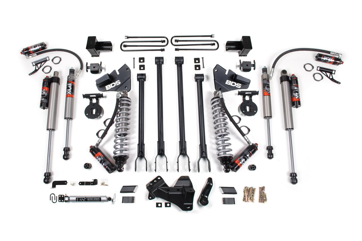 BDS Suspension 4 Inch Lift Kit w/ 4-Link FOX 2.5 Performance Elite Coil-Over Conversion Ford F250/F350 Super Duty 17-19 4WD Diesel 5 Inch Block 2 Leaf Main Fox 2.5 Performance Elite Shocks (BDS1964FPE)
