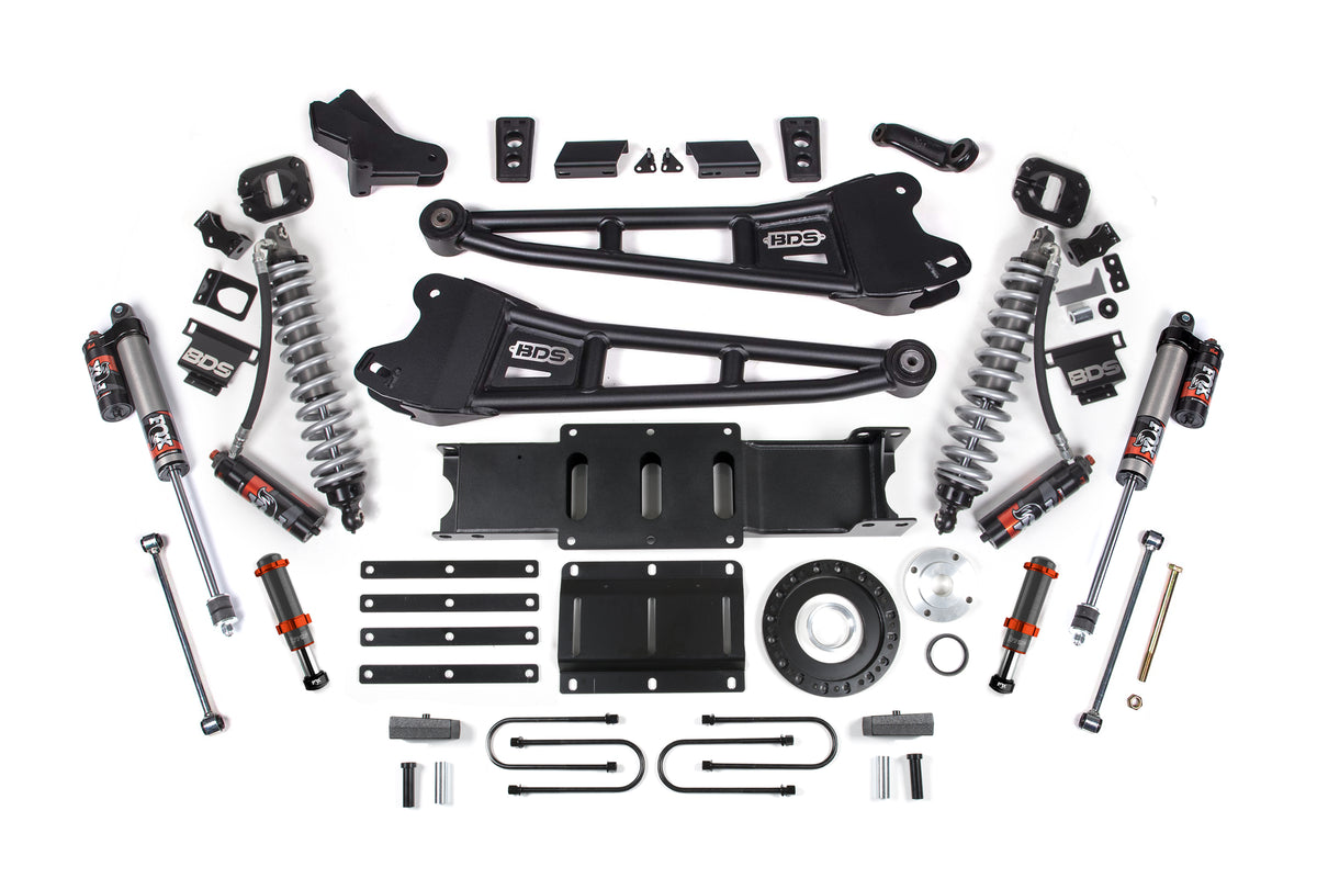 BDS Suspension 13-18 Ram 3500 4WD 4 Inch Radius Arm Suspension Lift Kit, 2 Inch Rear, Block, 8 Bolt Diesel - Fox 2.5 Performance Elite Series C/O Front, FOX 2.0 Front Bump, Fox 2.5 Performance Elite Series Rear BDS Suspension (BDS2131PESB)
