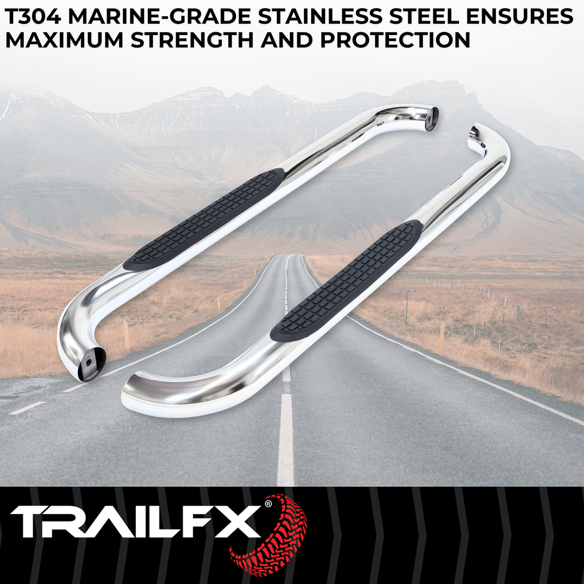 TrailFX Step Nerf Bar For Ford F-150 - With Step Pads 3 Inch Round Bent Polished Stainless Steel (1130301041)