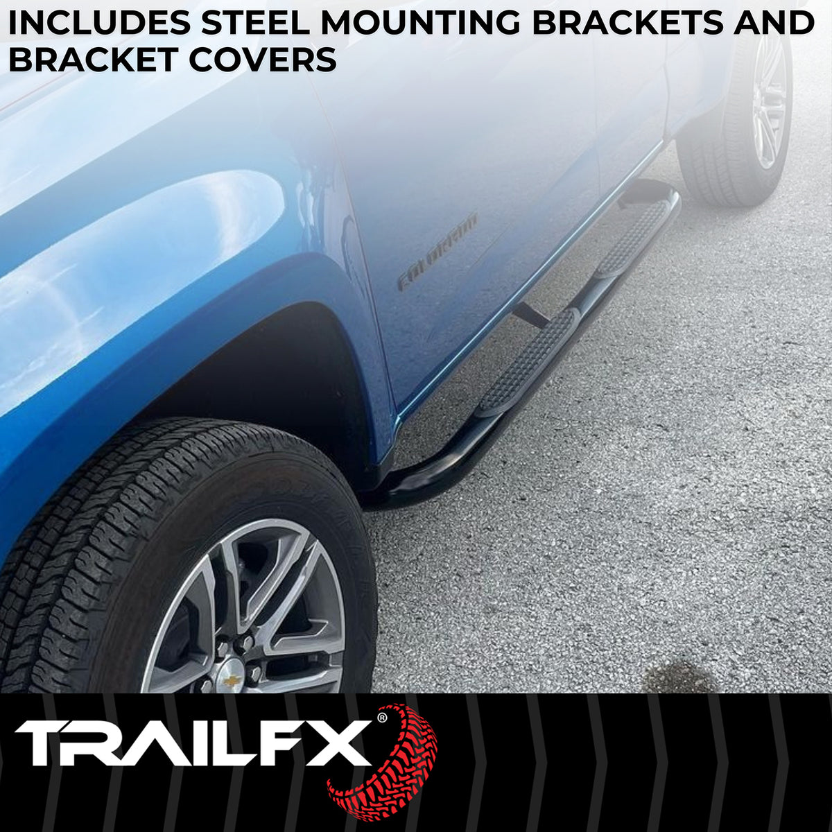 TrailFX Step Nerf Bar For Ford Trucks - With Step Pads 3 Inch Round Bent 90 Degree Powder Coated (A0052B)