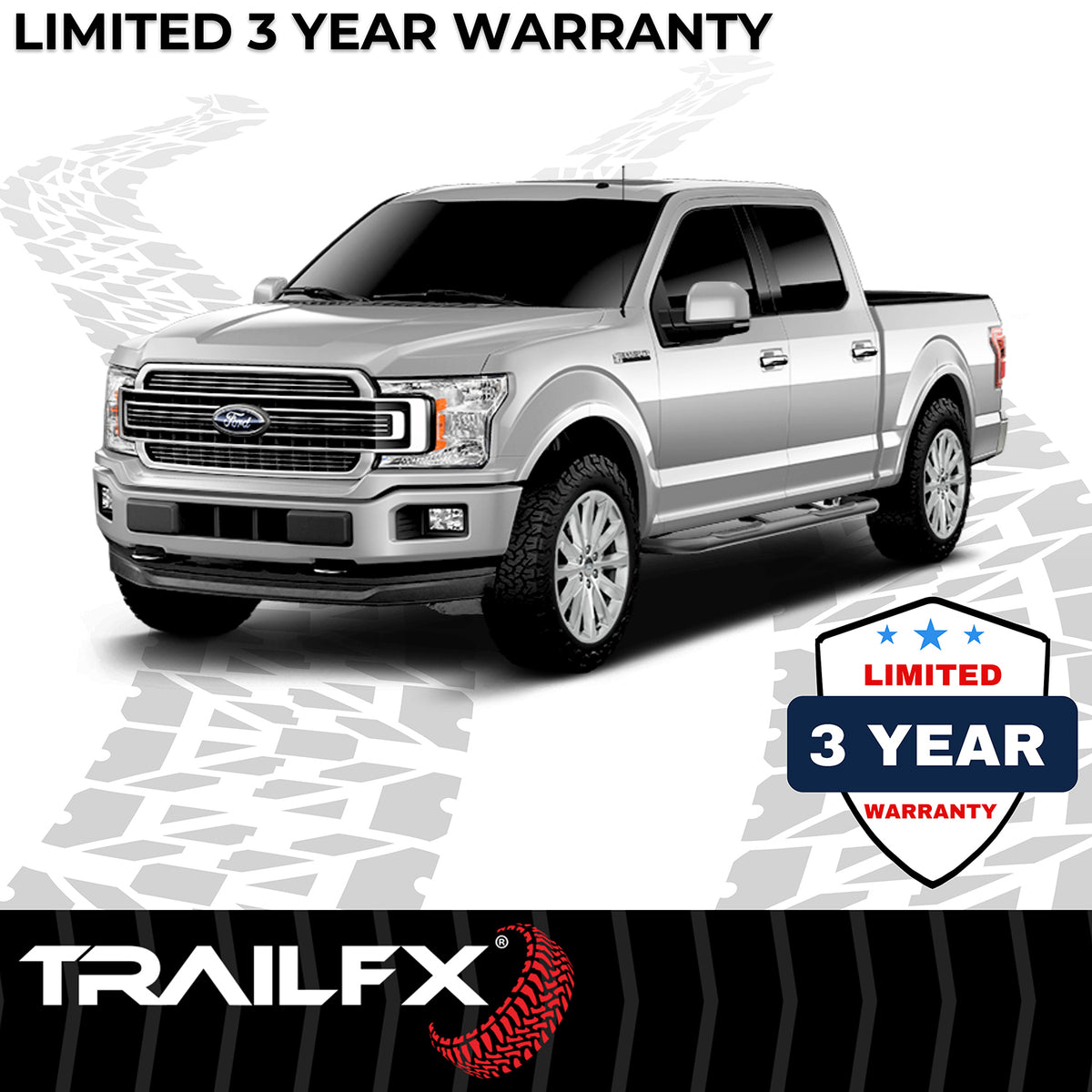 TrailFX Step Nerf Bar For Ford Trucks - With Step Pads 3 Inch Round Bent 90 Degree Powder Coated (A0052B)