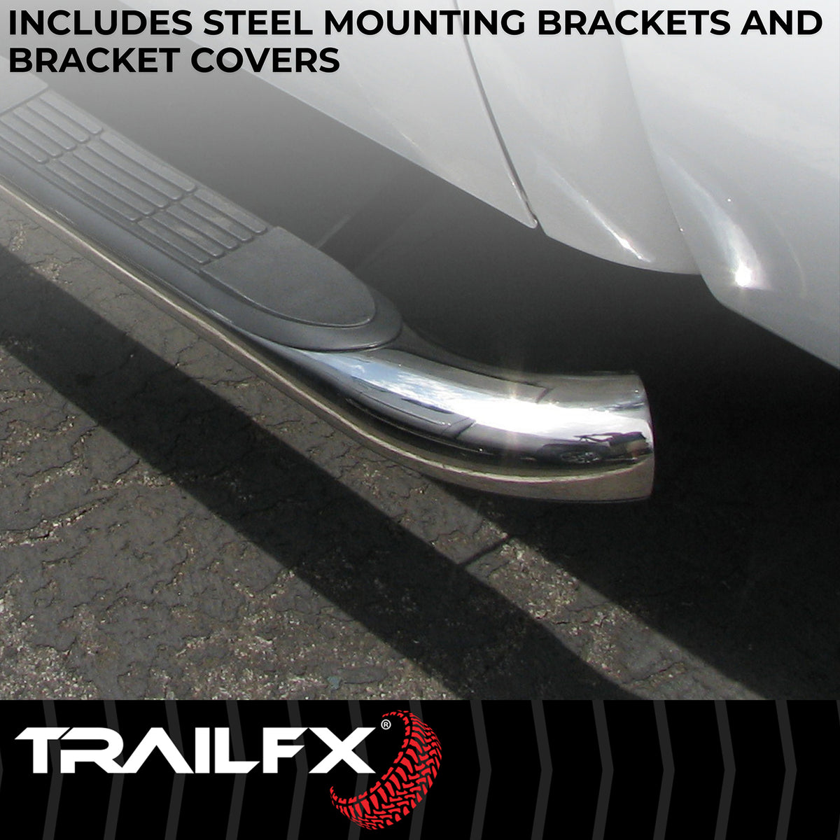 TrailFX Step Nerf Bar For Jeep Wrangler - With Step Pads 3 Inch Round Bent 90 Degree Polished (A0055S)
