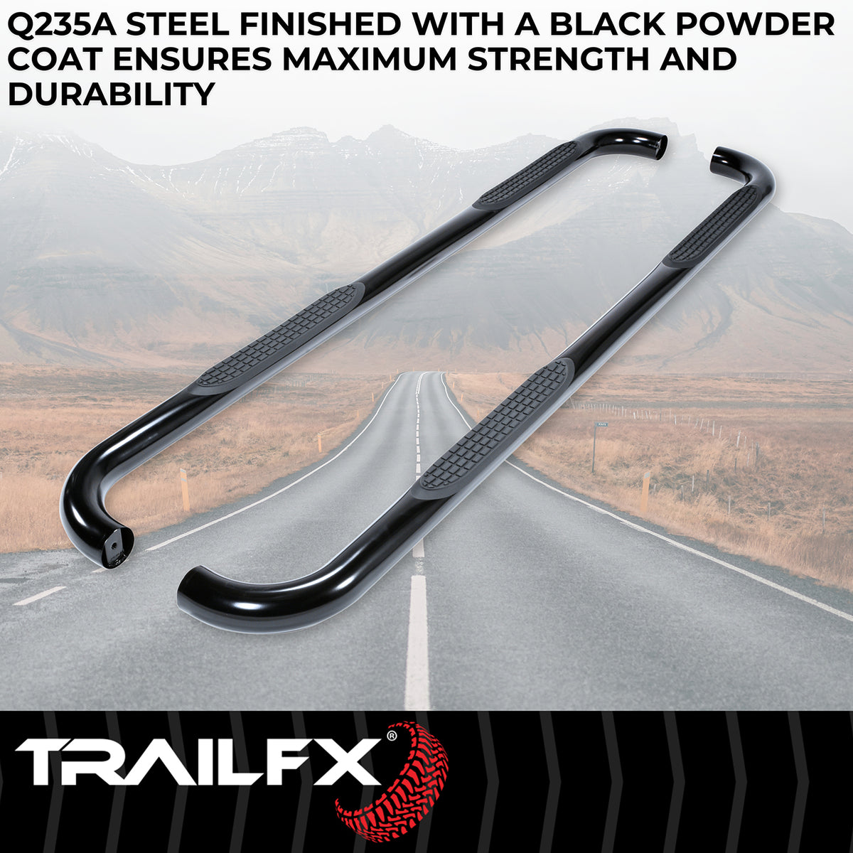 TrailFX Step Nerf Bar For Ford Ranger - With Step Pads, 3 Inch Round Bent, Without End Caps (A0060B)