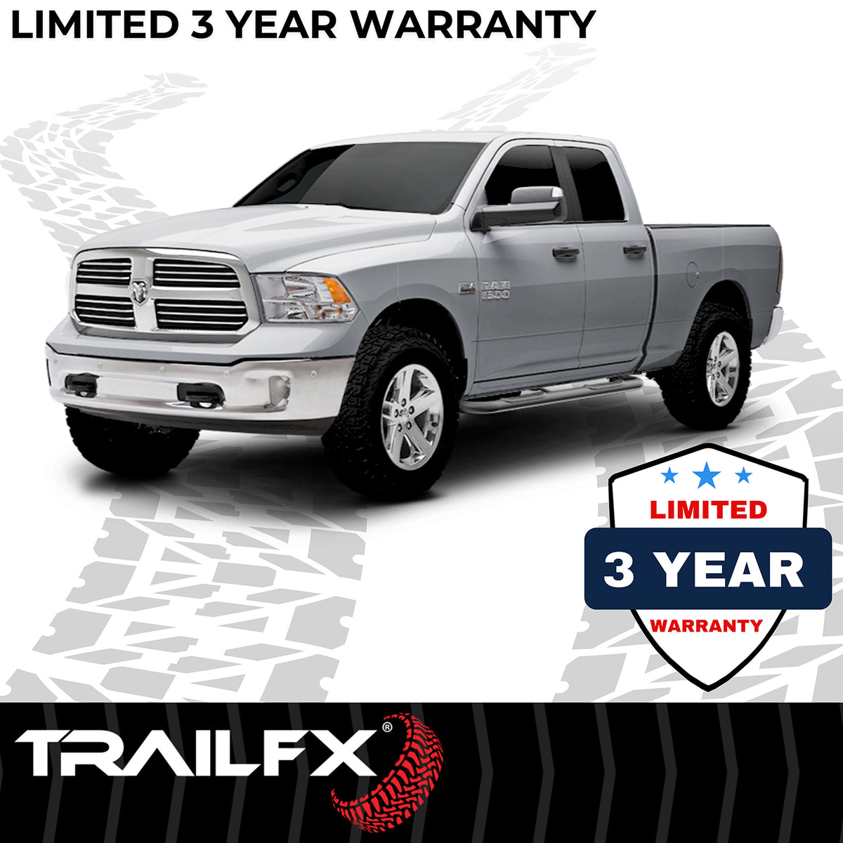 TrailFX Step Nerf Bar For Chevrolet, GMC Trucks - With Step Pads, 3 Inch Round Bent, Without End Caps (A0061B)