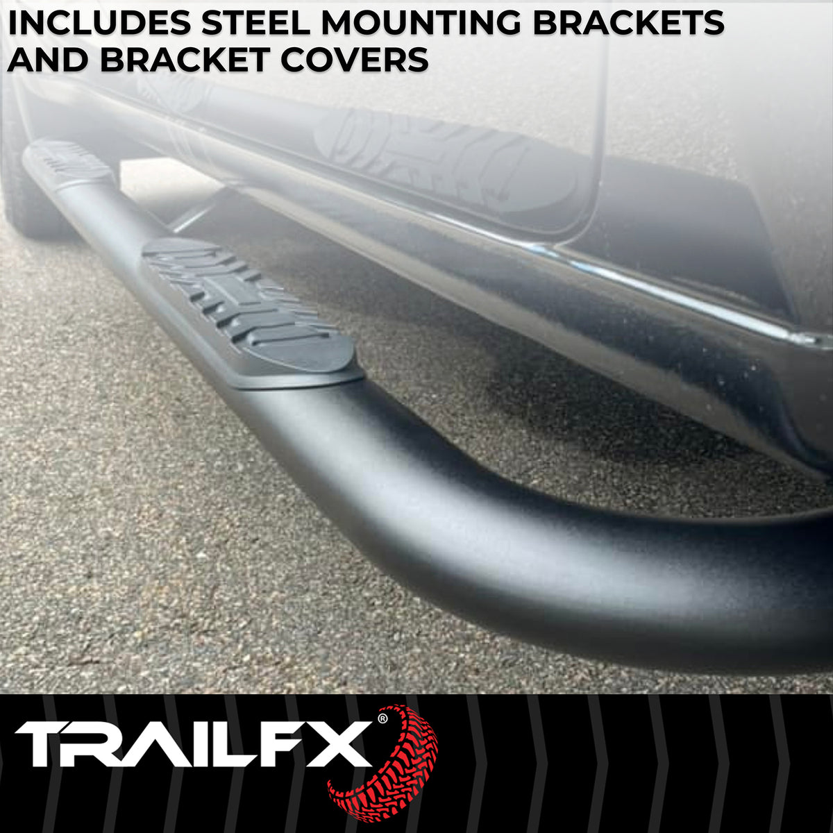 TrailFX Step Nerf Bar For Chevrolet, GMC Trucks - With Step Pads 4 Inch Oval Bent Powder Coated Titanium (A1003B)