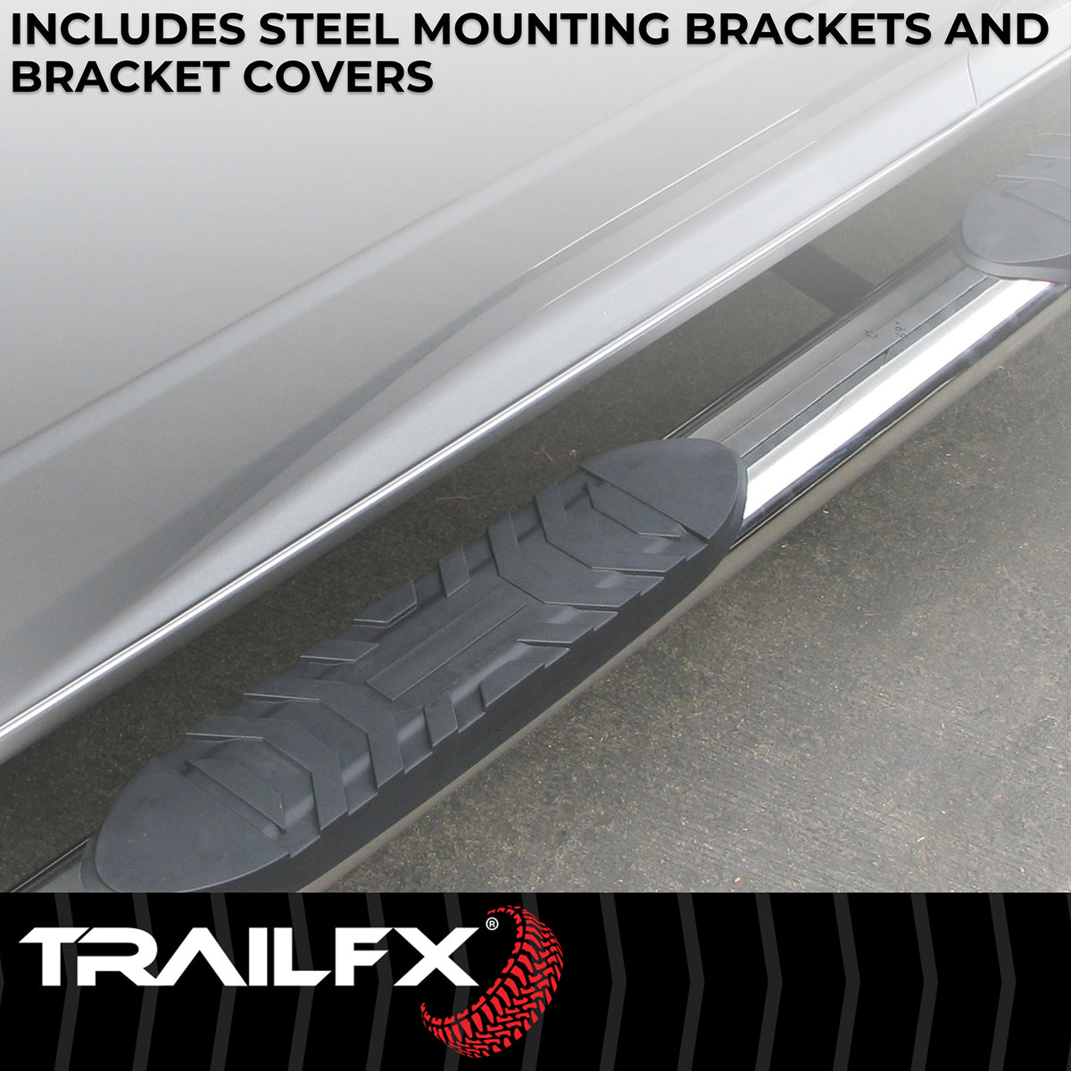 TrailFX Step Nerf Bar For Ford Ranger - With Step Pads, 4 Inch Oval Bent, With Welded End Caps (A1015S)
