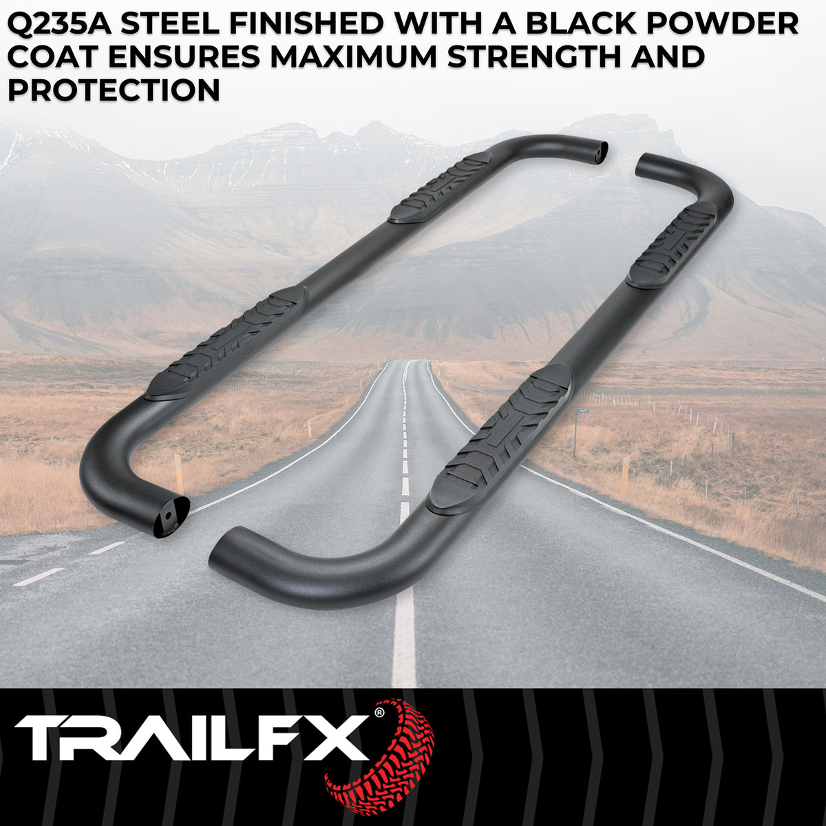 TrailFX Step Nerf Bar For Toyota Tacoma - With Step Pads, 4 Inch Oval Bent, With Welded End Caps (A1019T)