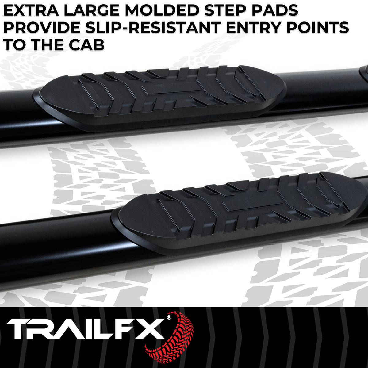 TrailFX Step Nerf Bar For Ford F-150, Ford F-250 Super Duty, Ford F-350 Super Duty - With Step Pads 4 Inch Oval Straight Powder Coated Black (A1531B)