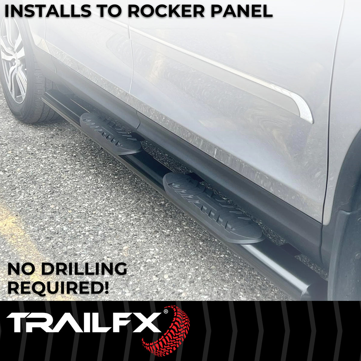 TrailFX Step Nerf Bar For Ford F-150, Ford F-250 Super Duty, Ford F-350 Super Duty - With Step Pads 4 Inch Oval Straight Powder Coated Black (A1531B)
