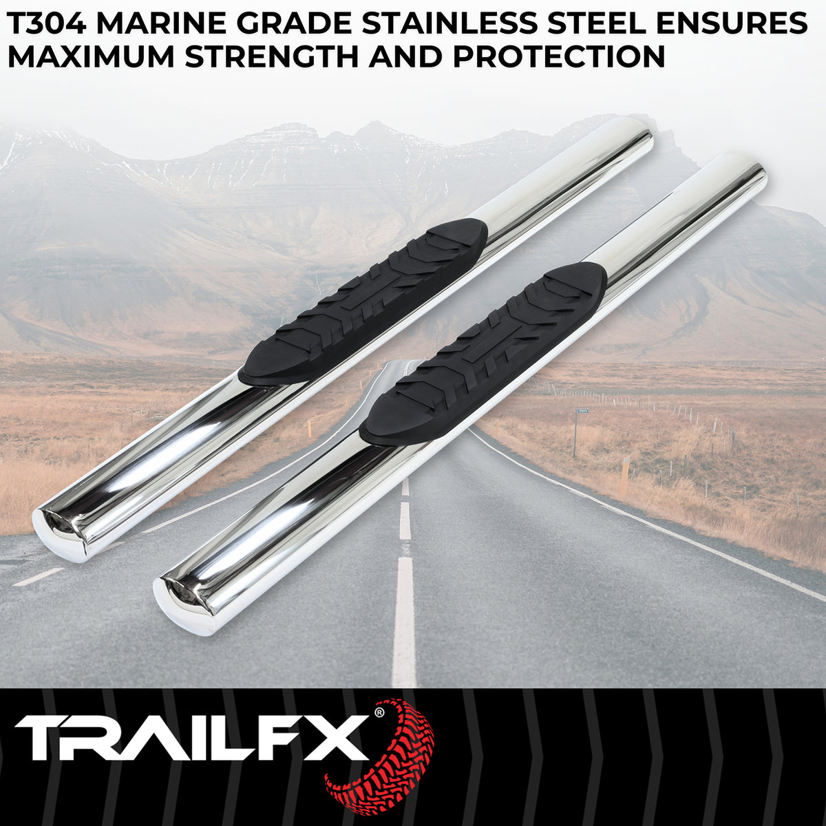 TrailFX Step Nerf Bar For Chevrolet, GMC Trucks - With Step Pads, 4 Inch Oval Straight, Without End Caps (A1551S)