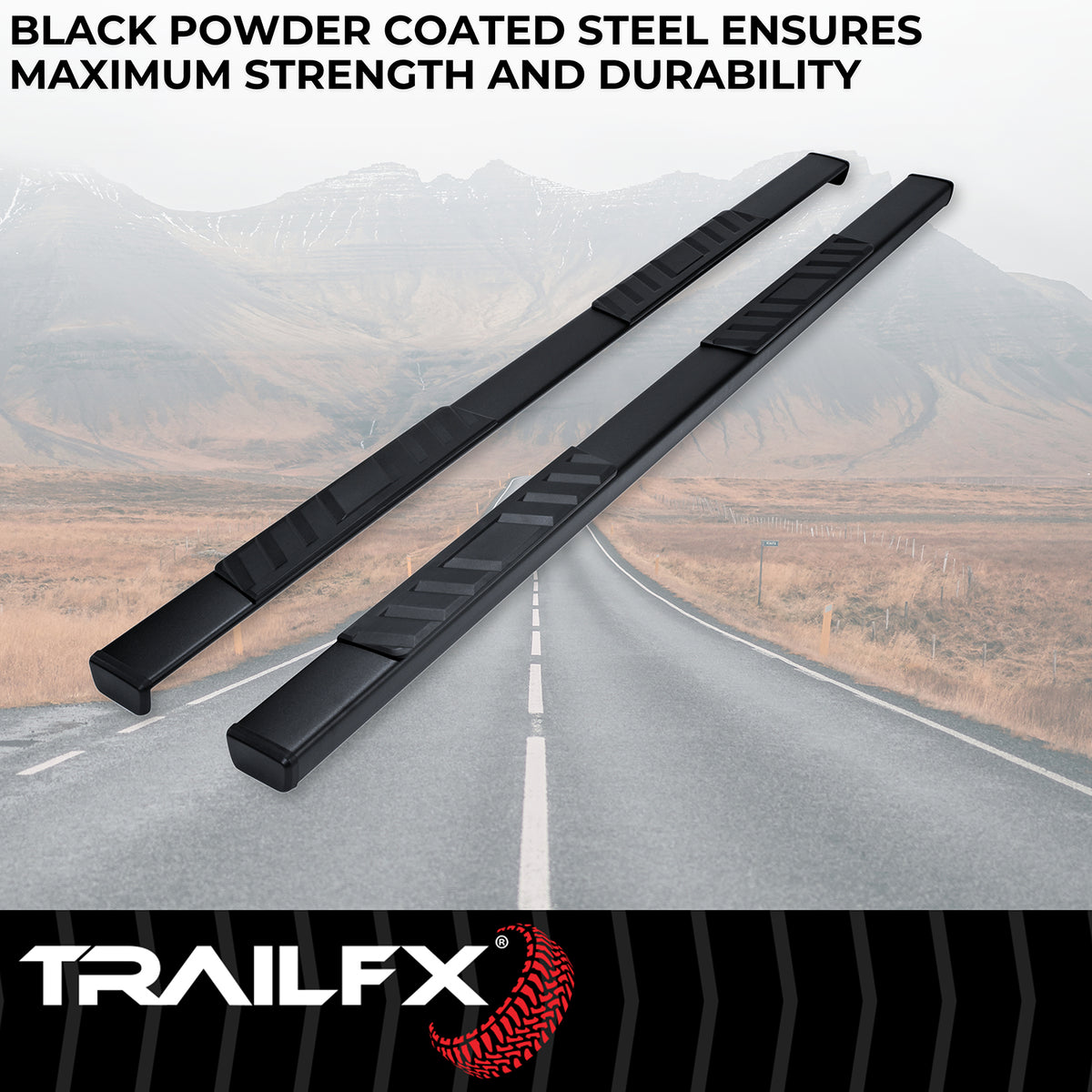 TrailFX Step Nerf Bar For Ford Trucks - With Step Pads 4 Inch Trapezoidal Straight Powder Coated (A4006B)