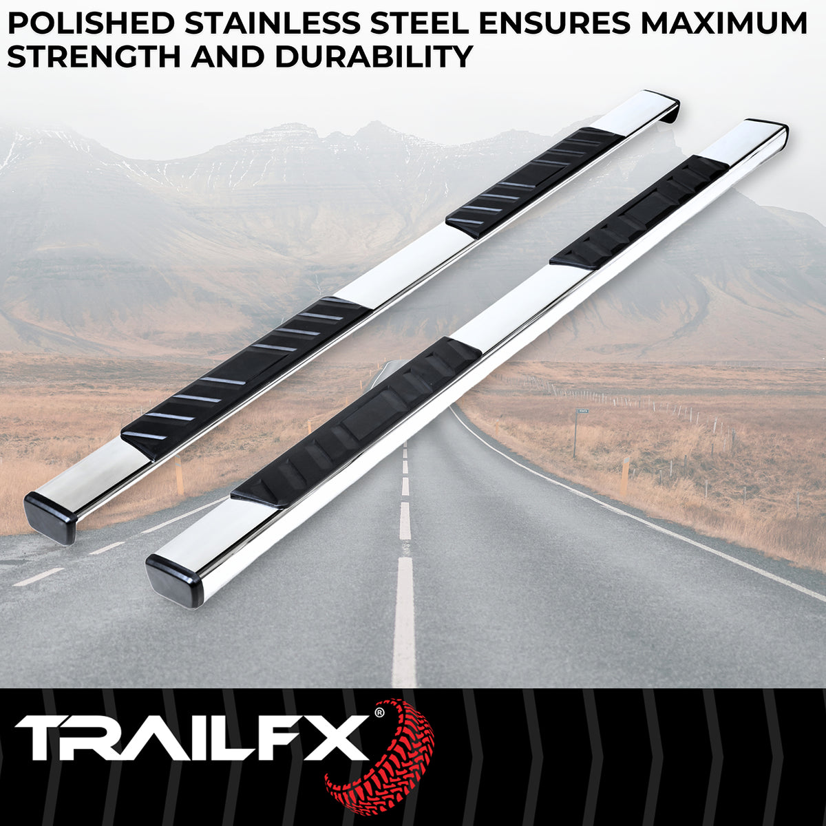 TrailFX Step Nerf Bar For Ram 1500 - With Step Pads 4 Inch Trapezoidal Straight Polished (A4016S)