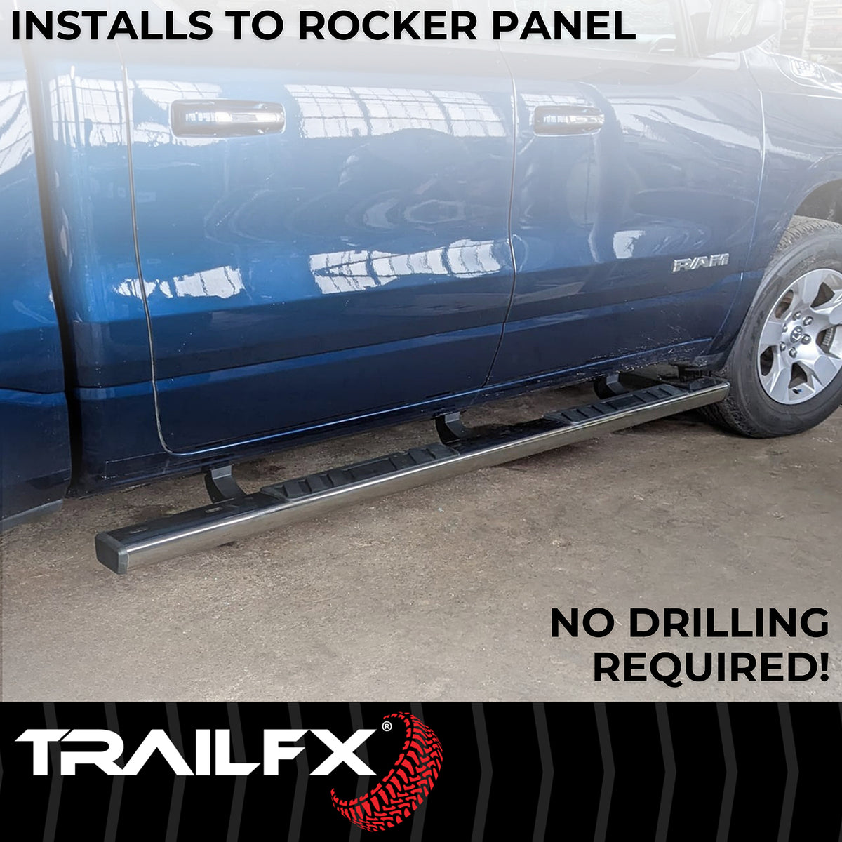TrailFX Step Nerf Bar For Ram 1500 - With Step Pads 4 Inch Trapezoidal Straight Polished (A4016S)
