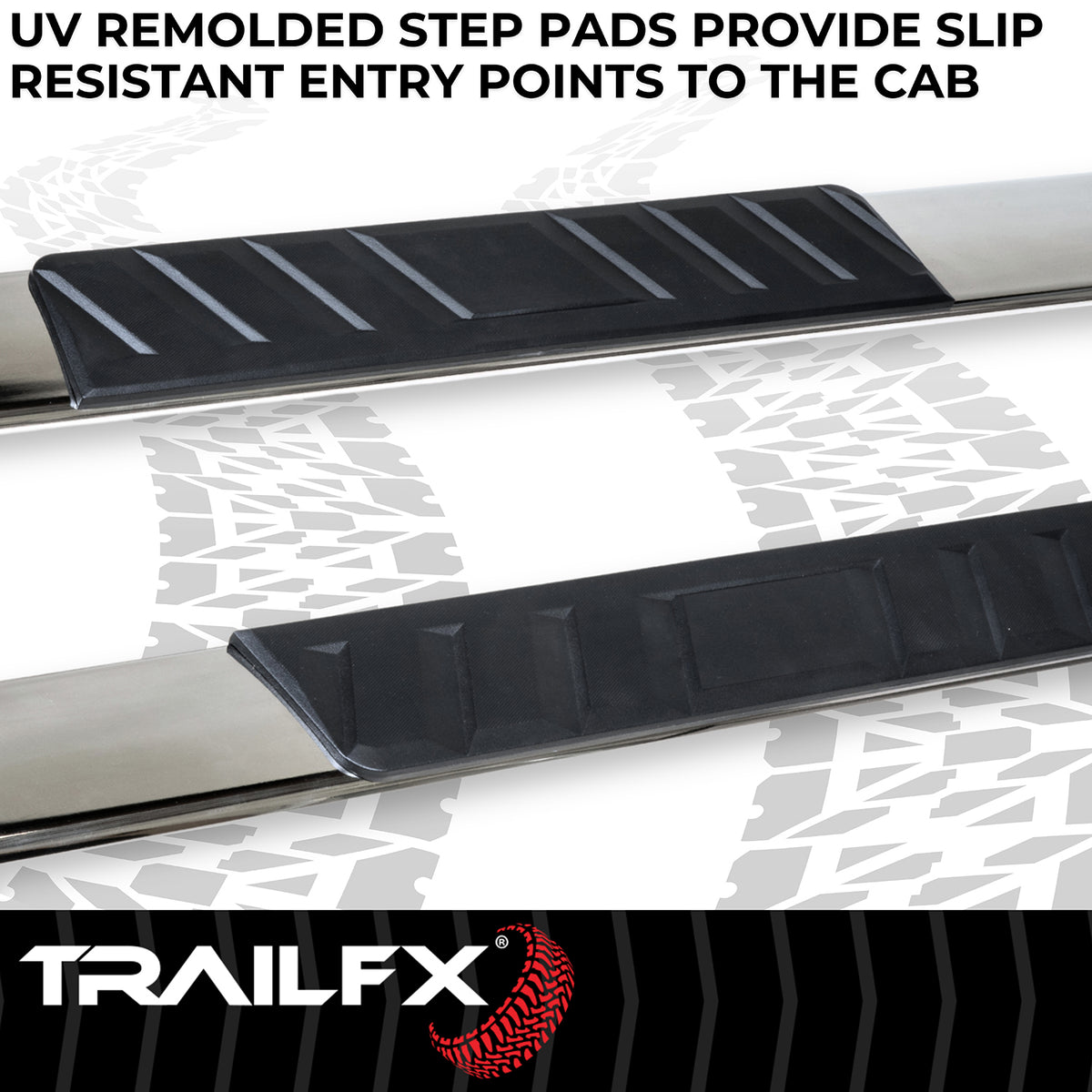 TrailFX Step Nerf Bar For Chevrolet, GMC Trucks - With Step Pads, 4 Inch Trapezoidal Straight, With Plastic (A4018S)