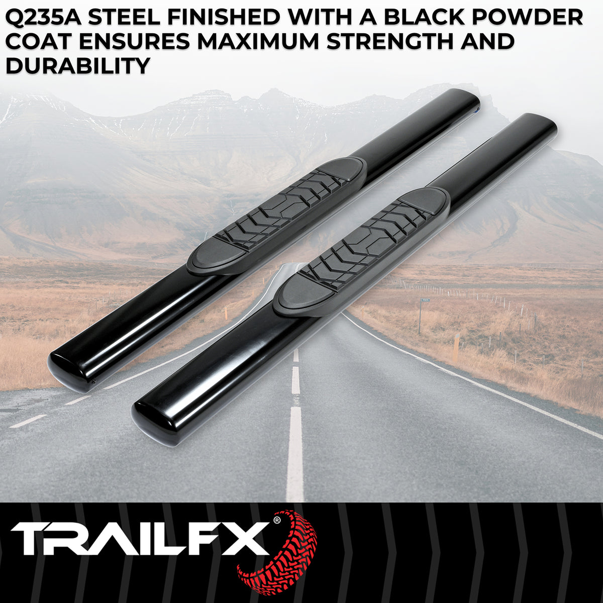 TrailFX Step Nerf Bar For Chevrolet, GMC Trucks - With Step Pads 5 Inch Oval Straight Powder Coated Black (A7001B)