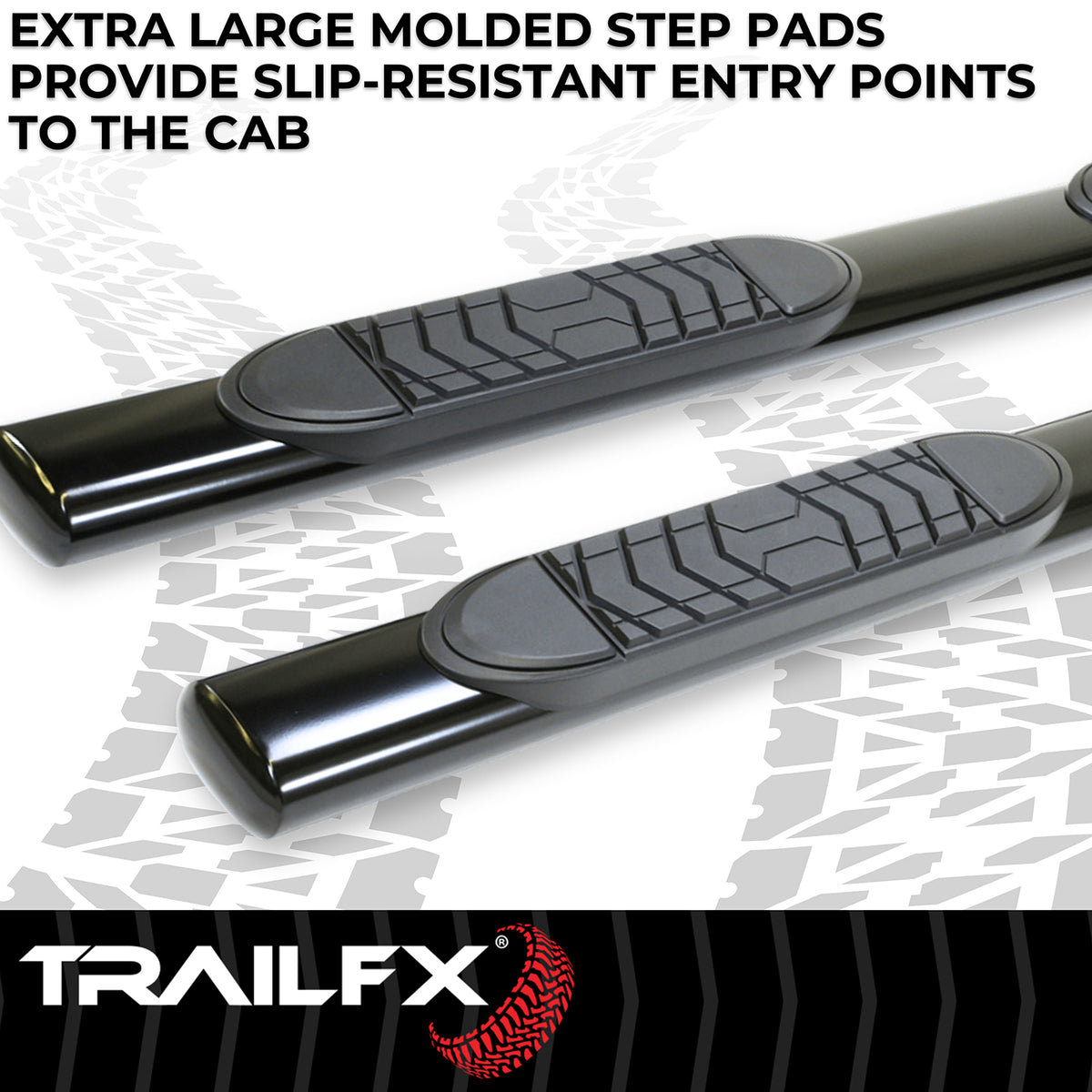 TrailFX Step Nerf Bar For Chevrolet, GMC Trucks - With Step Pads 5 Inch Oval Straight Powder Coated Black (A7003B)