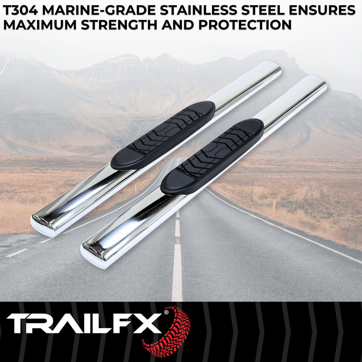TrailFX Step Nerf Bar For Chevrolet, GMC Trucks - With Step Pads 5 Inch Oval Straight Polished Stainless (A7036S)