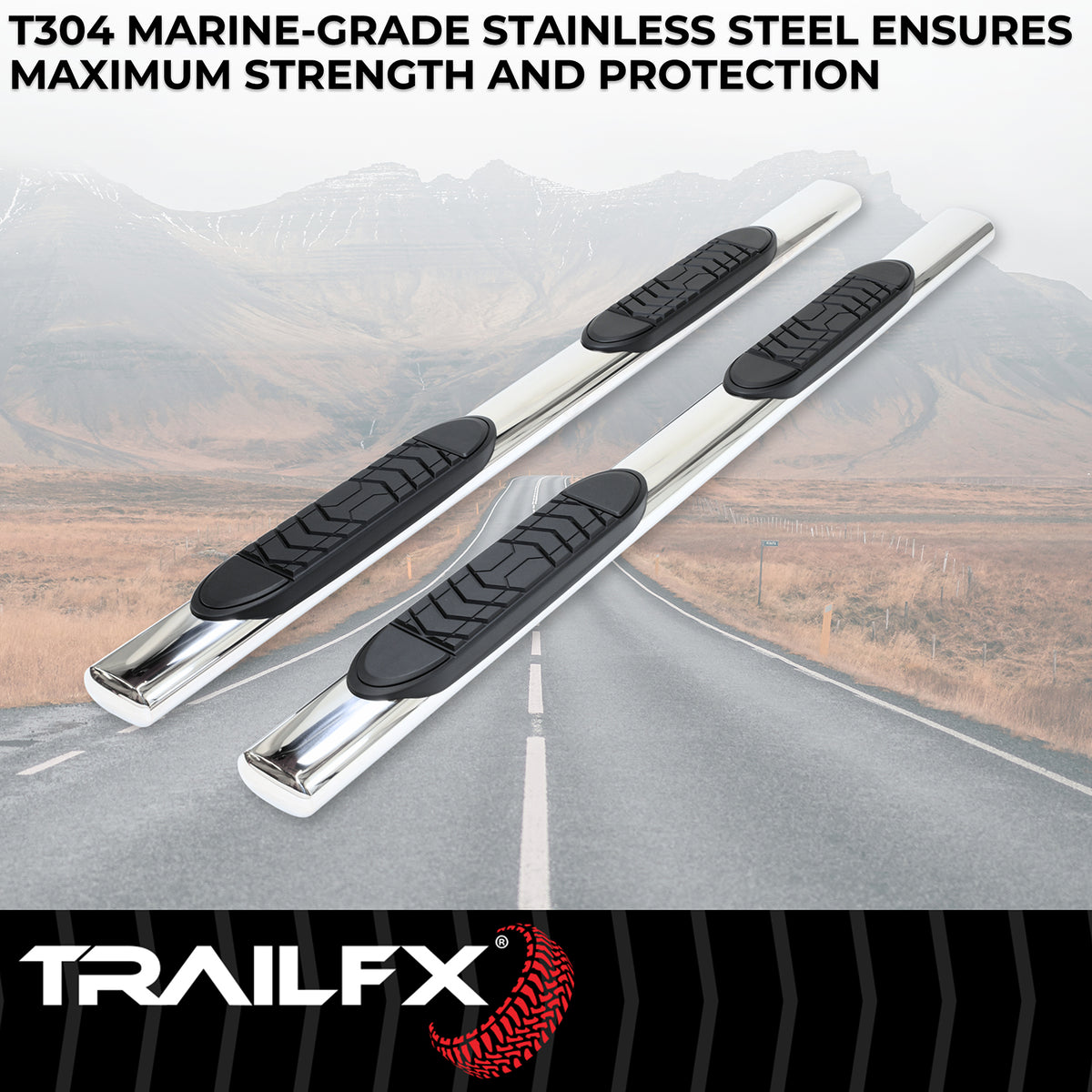 TrailFX Step Nerf Bar For Chevrolet, GMC Trucks - With Step Pads 5 Inch Oval Straight Polished Stainless (A7037S)
