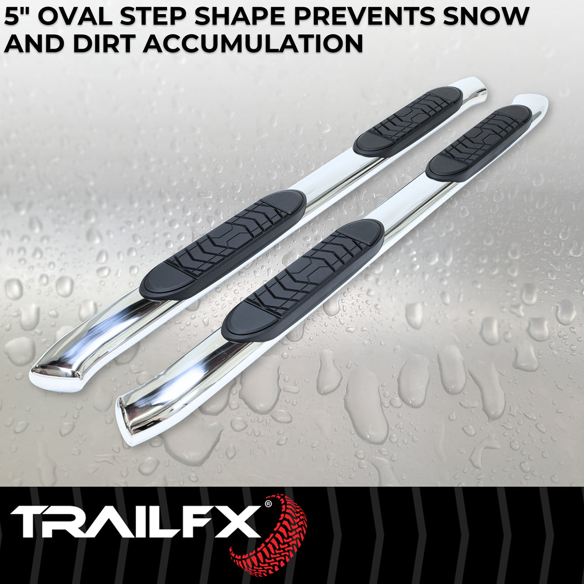 TrailFX Step Nerf Bar For Chevrolet, GMC Trucks - With Step Pads 5 Inch Oval Bent Polished Stainless Steel (A7066S)