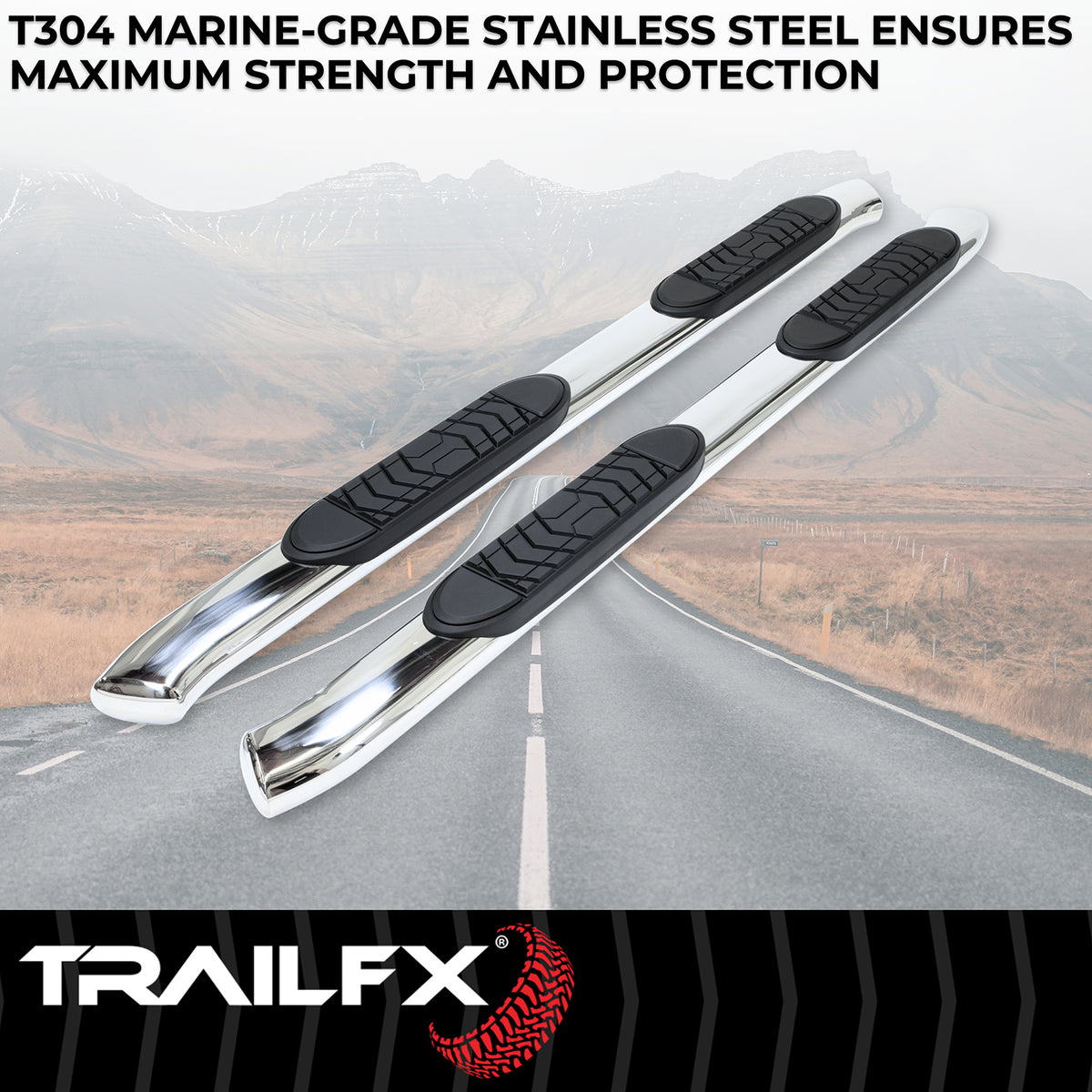 TrailFX Step Nerf Bar For Chevrolet, GMC Trucks - With Step Pads, 5 Inch Oval Bent, With Welded End Caps (A7090S)