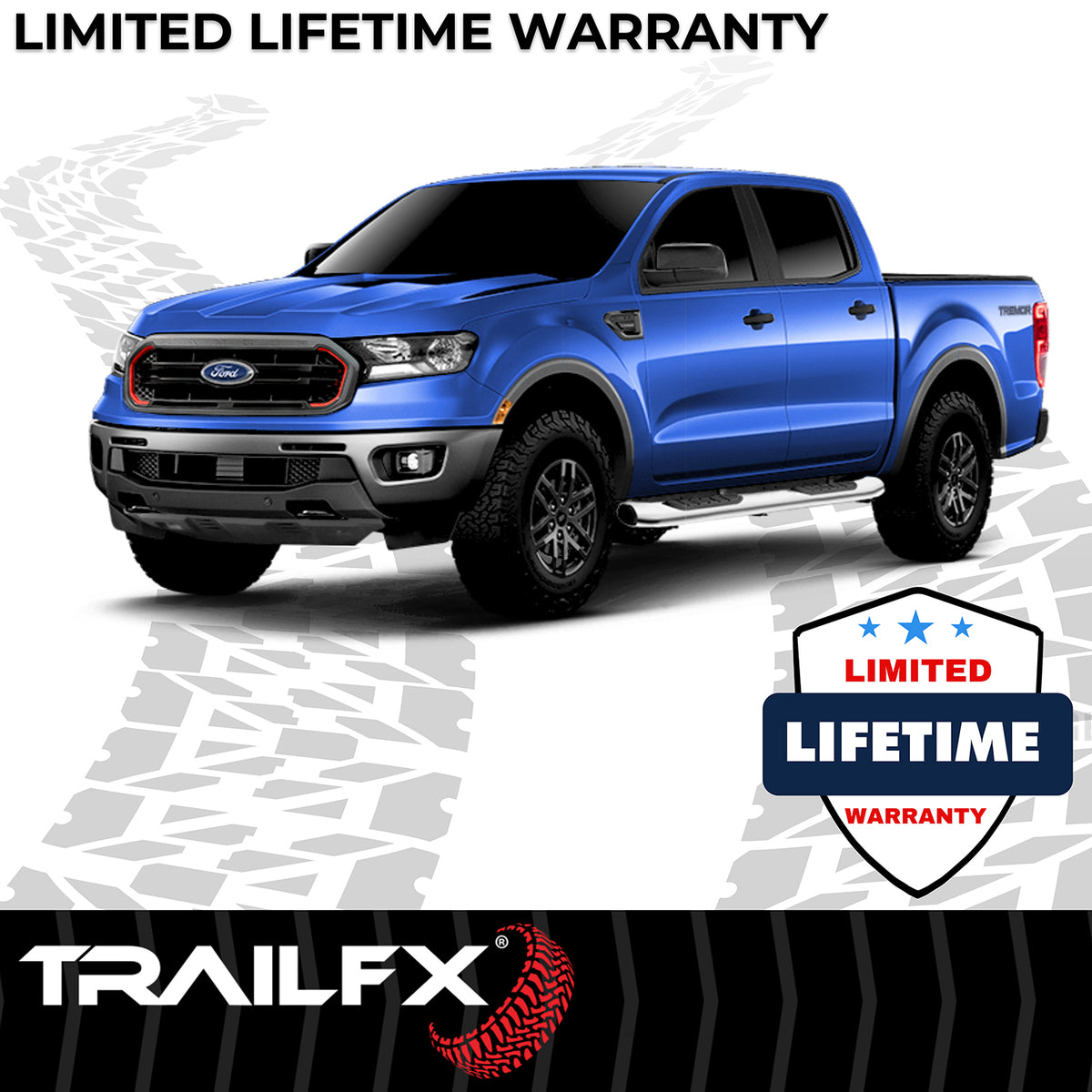 TrailFX Step Nerf Bar For Ford Ranger - With Step Pads, 5 Inch Oval Bent, With Welded End Caps (A7091S)