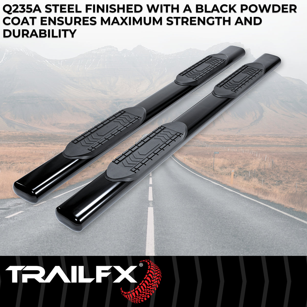 TrailFX Step Nerf Bar For Chevrolet, GMC Trucks - With Step Pads 6 Inch Oval Straight Powder Coated Black (A8221B)