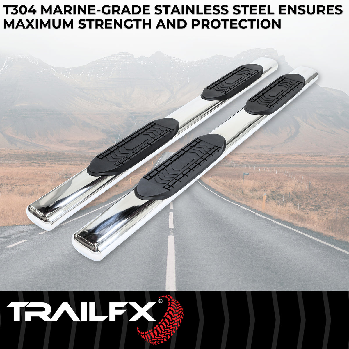 TrailFX Step Nerf Bar For Chevrolet, GMC Trucks - With Step Pads 6 Inch Oval Straight Polished Stainless (A8221S)
