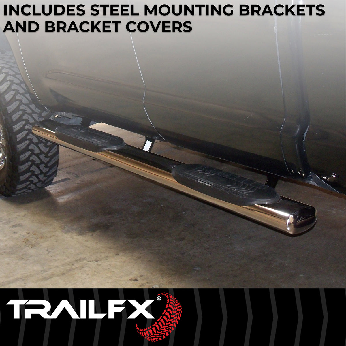 TrailFX Step Nerf Bar For Dodge Ram 1500, Ram 1500, Ram 1500 Classic - With Step Pads 6 Inch Oval Straight Polished Stainless (A8243S)