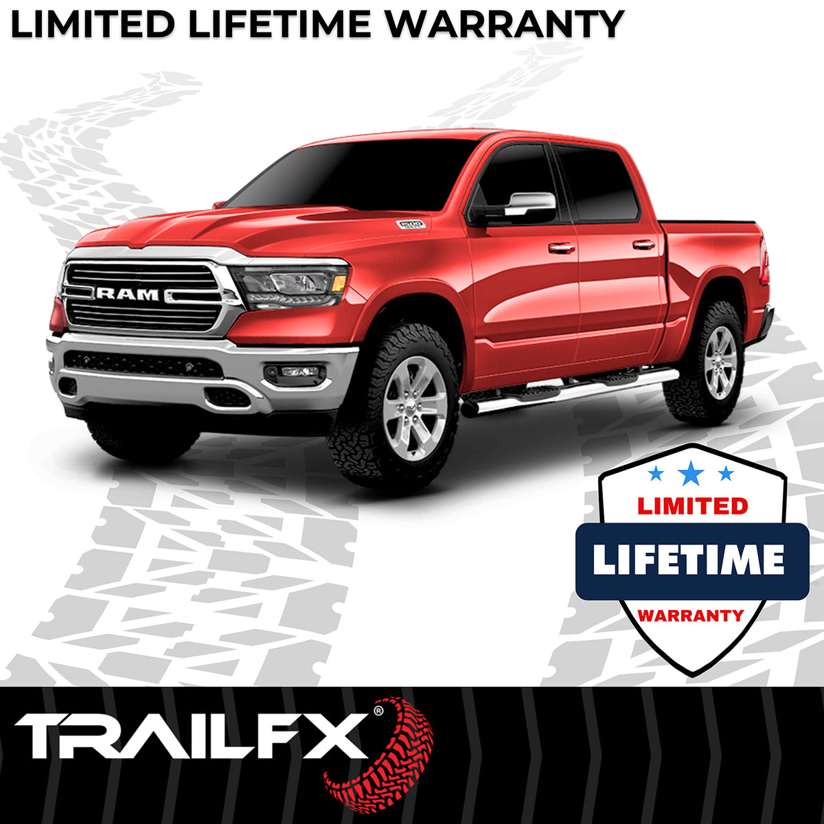 TrailFX Step Nerf Bar For Ram 1500 - With Step Pads, 6 Inch Oval Straight, With Welded End Caps (A8254S)