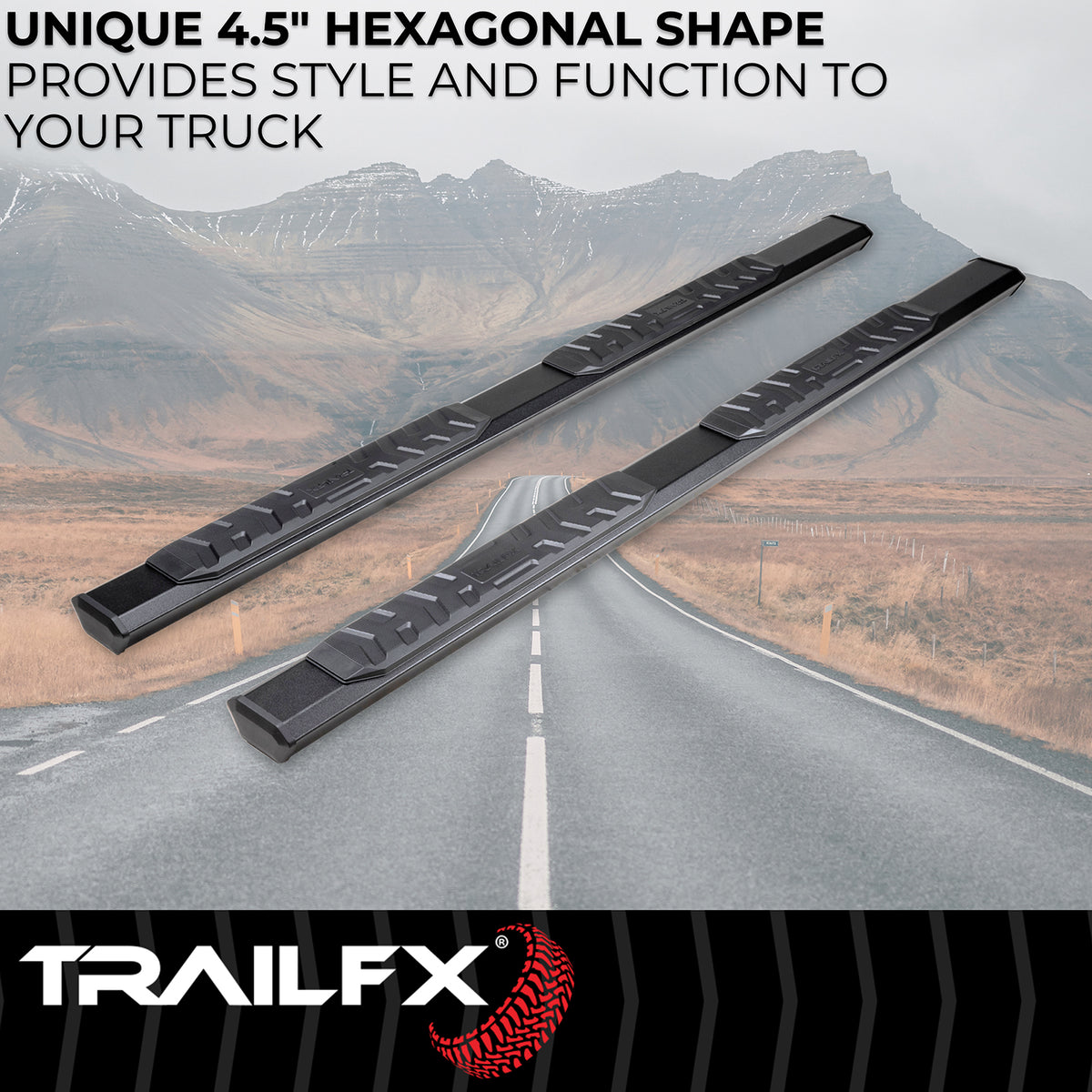 TrailFX Step Nerf Bar For Chevrolet Colorado, GMC Canyon - With Step Pads, 4 1/2 Inch Hexagonal Straight, With Plastic (AL4002B)