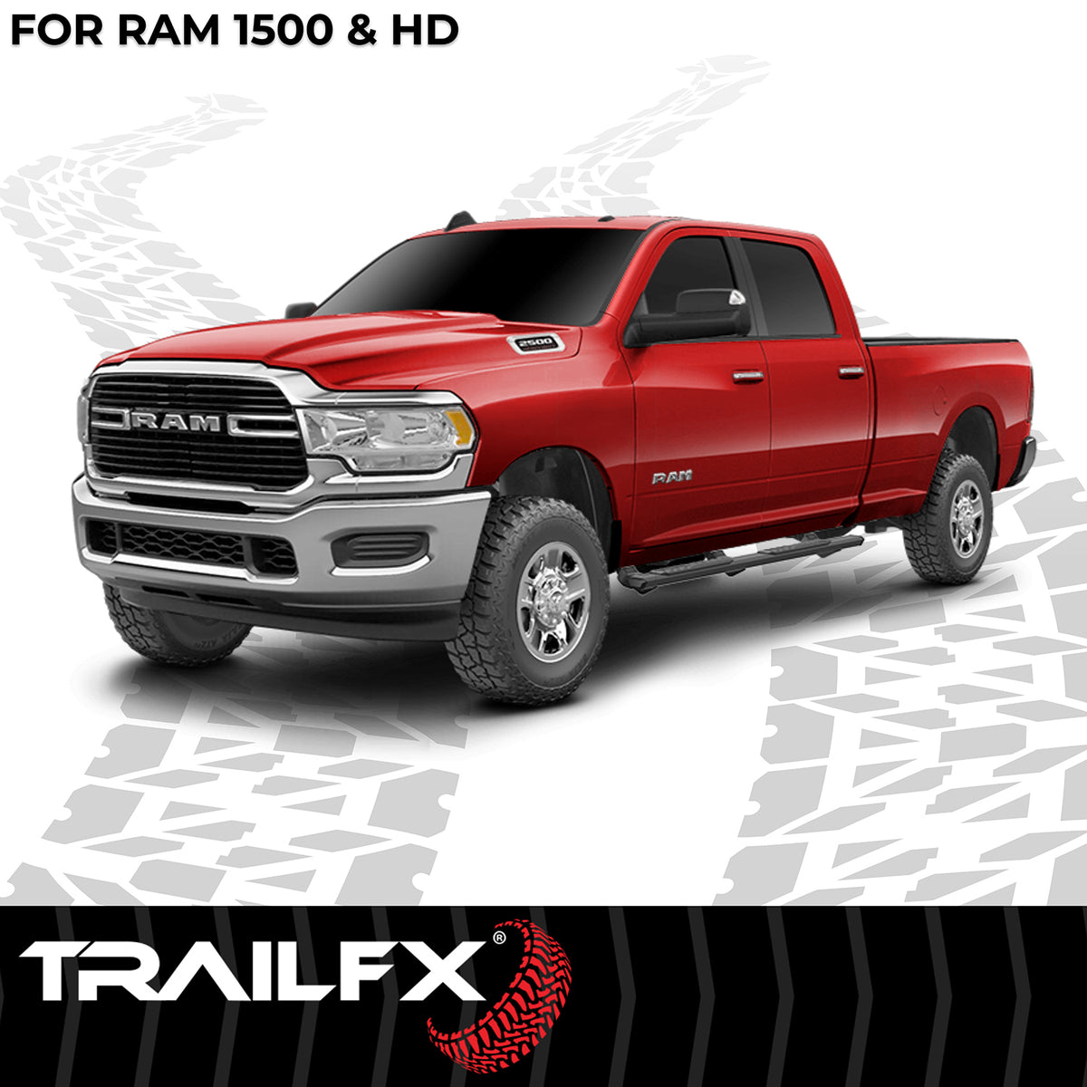 TrailFX Step Nerf Bar For Dodge, Ram Trucks - With Step Pads, 4 1/2 Inch Hexagonal Straight, With Plastic (AL4009B)