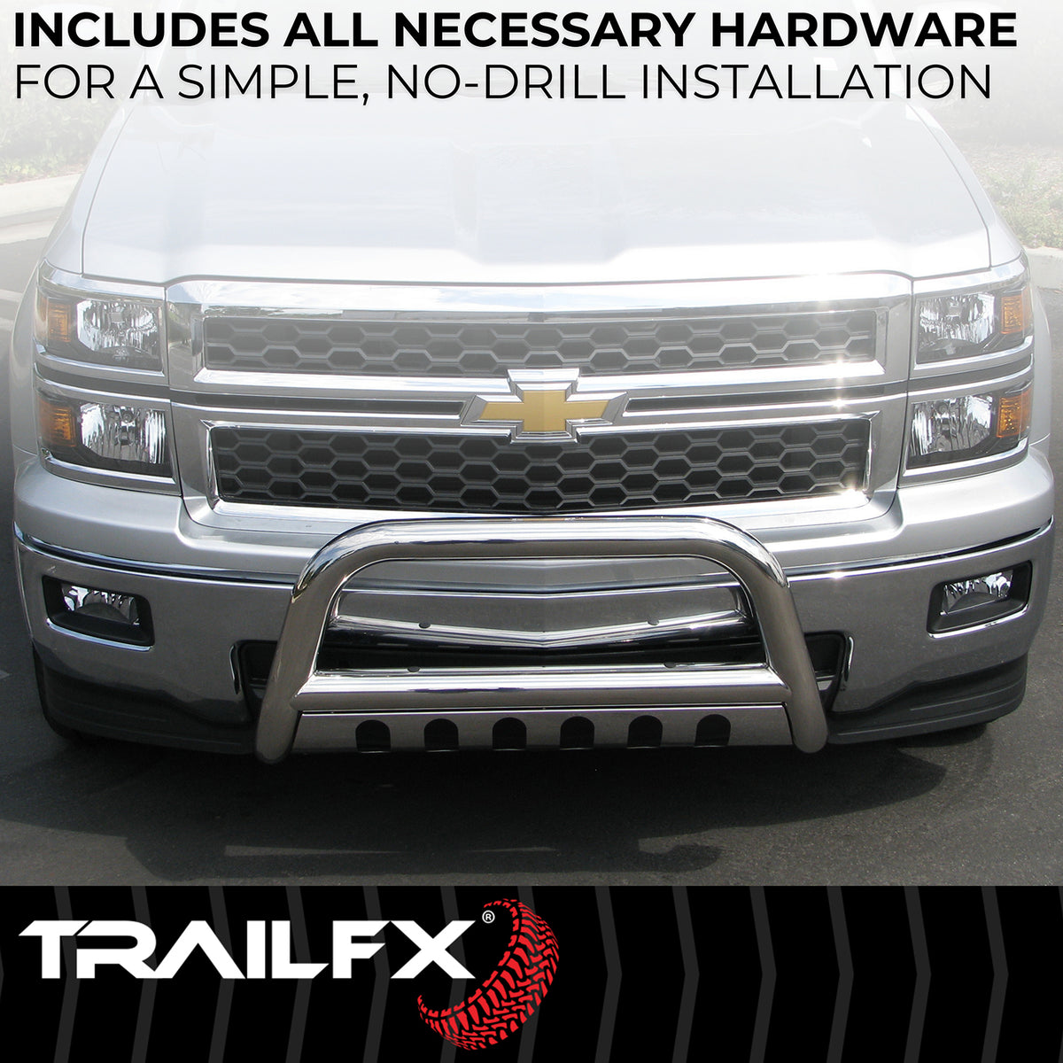 TrailFX Bull Bar For Cadillac, Chevrolet, GMC Trucks - Polished Stainless Steel 3 Inch Diameter With Skid Plate (B0033S)