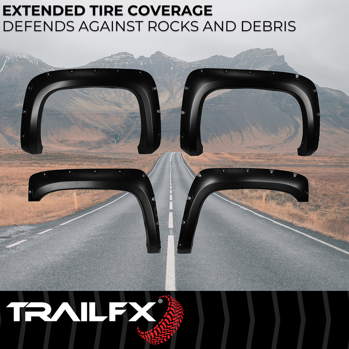 TrailFX Fender Flare For Chevrolet Silverado 1500, Chevrolet Silverado 2500 HD, Chevrolet Silverado 3500 HD - Injected Polypropylene, With Polished Stainless And Black (TFC3001S)