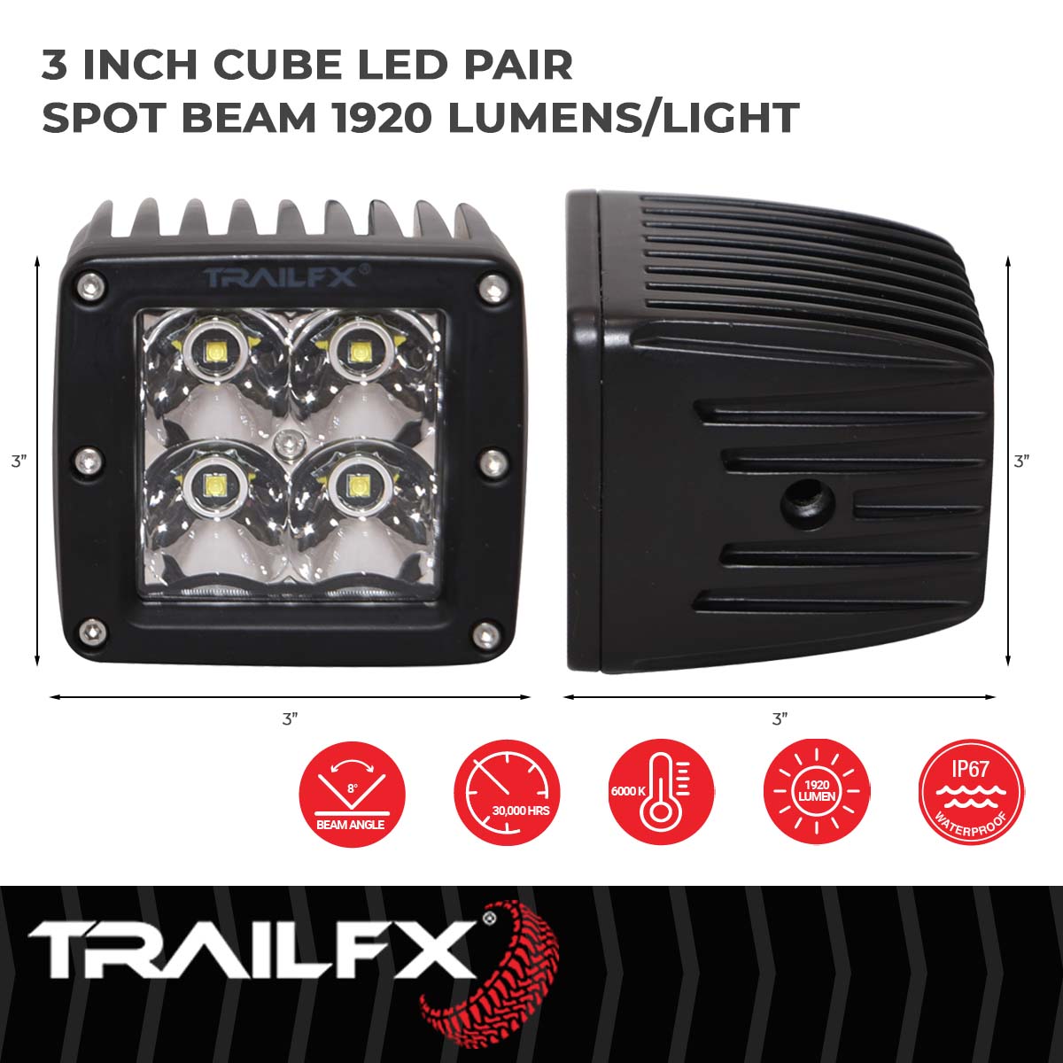 TrailFX Driving Light - 8 Degree Spot Beam, 1920 Raw Lumens/ 1200 Effective Lumens (2X2CSPPR)