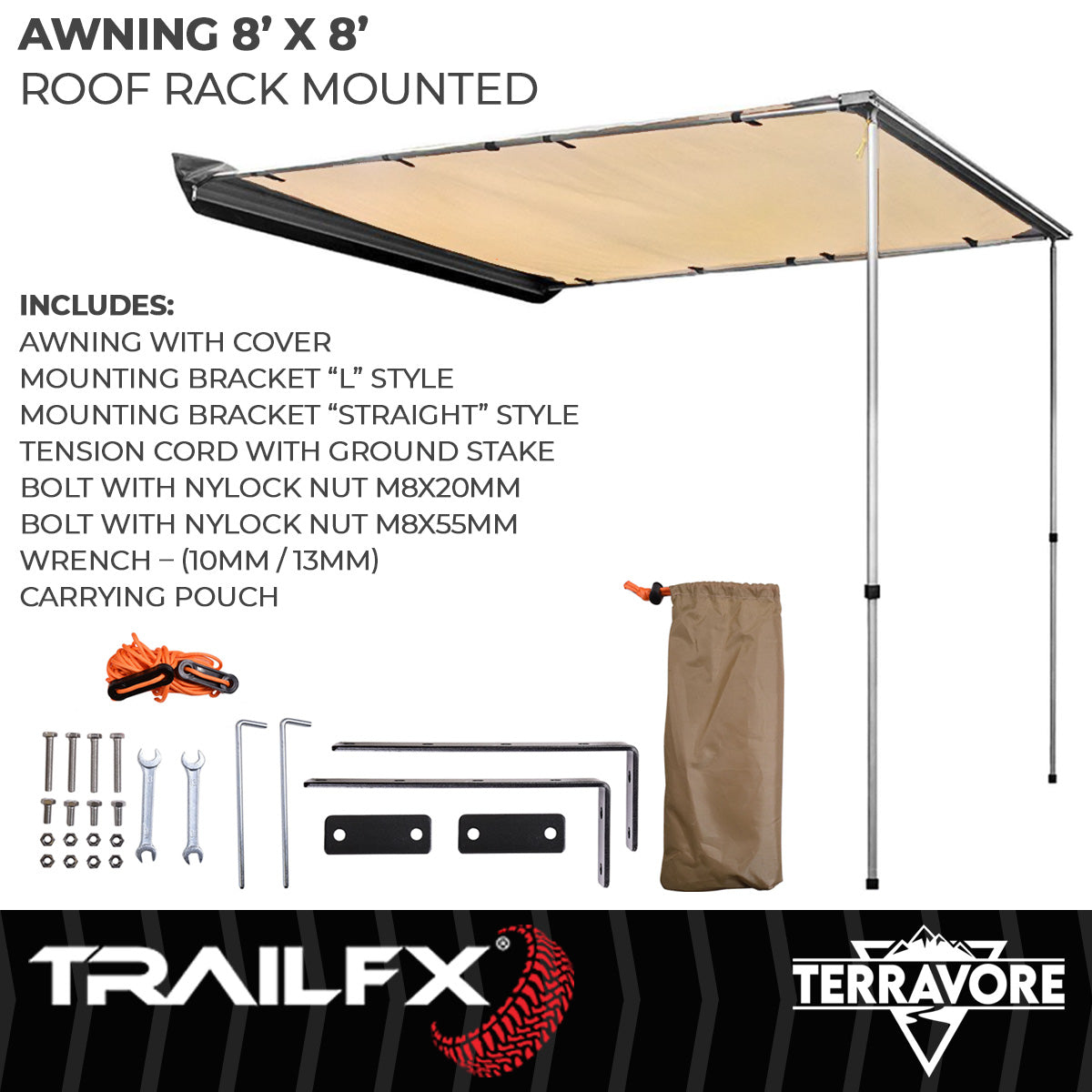 TrailFX Portable Awning - Manual, 8 Foot Length x 8 Foot Extension, With Aluminum (AWN003)