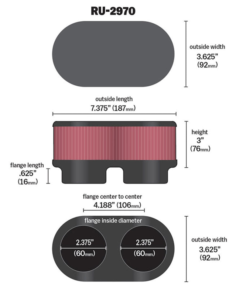 K&N Filter Universal Filter 2 3/8 inch Dual Flange 107mm C-C 3 inch Height
