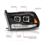 ANZO 09-19 Dodge RAM 1500 / 10-18 2500/3500 LED Proj Headlights SeqSig Black - Pair