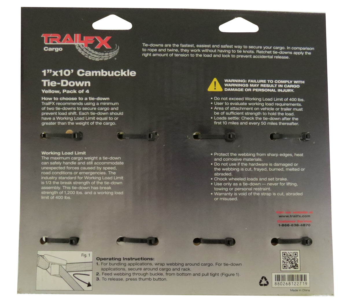 TrailFX Tie Down Strap - Cargo Tie Down 10 Foot Length X 1 Inch Width 400 Pound Load (A21023Y)