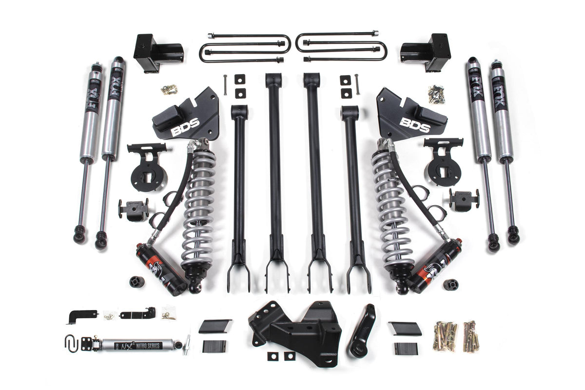 BDS Suspension 4 Inch Lift Kit w/ 4-Link FOX 2.5 Performance Elite Coil-Over Conversion Ford F250/F350 Super Duty 17-19 4WD Diesel 5 Inch Block 2 Leaf Main Fox 2.0 Performance Shocks (BDS1537FPE)
