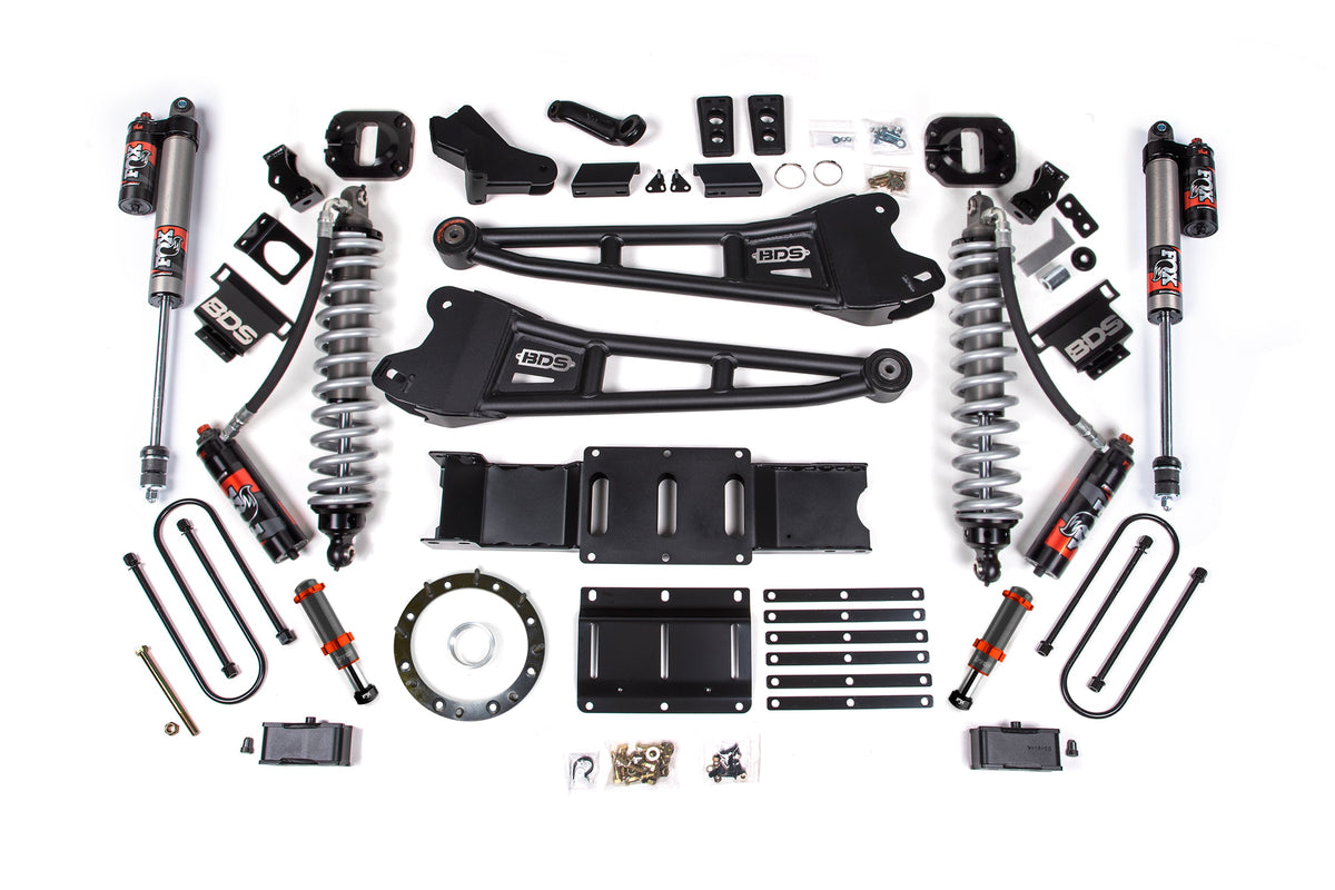 BDS Suspension 19-24 Ram 3500 4WD 4 Inch Radius Arm Suspension Lift Kit, 2 Inch Rear, Block w/ Overload, 6 Bolt Diesel - Fox 2.5 Performance Elite Series C/O Front, FOX 2.0 Front Bump, Fox 2.5 Performance Elite Series Rear BDS Suspension (BDS1705PESB)