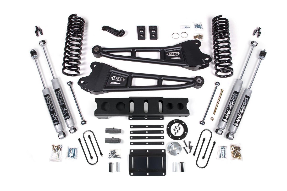 BDS Suspension 13-18 Ram 3500 4WD (Diesel) 6 Inch Radius Arm Suspension Lift Kit, 6-Bolt Indexing Ring, 4 Inch Rear Lift, Block - NX2 Nitro Series Shocks BDS Suspension (BDS2142H)