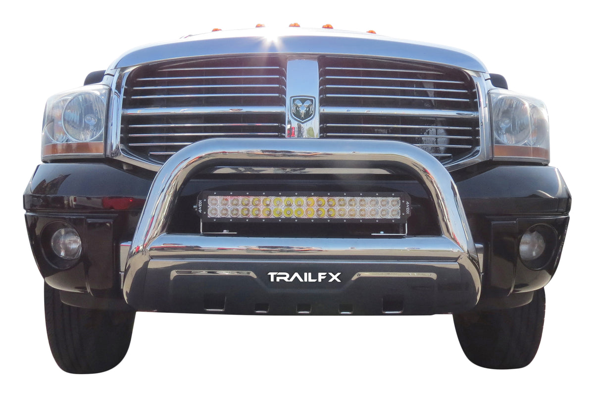 TrailFX Bull Bar For Cadillac, Chevrolet, GMC Trucks - Polished Stainless Steel 3-1/2 Inch Diameter With Skid (B1516S)