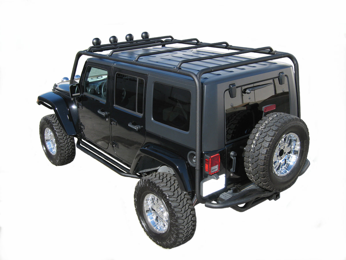 TrailFX Roof Rack For Jeep Wrangler, Jeep Wrangler JK - Direct Fit 300 Pound Capacity Textured Black Steel (J029T)