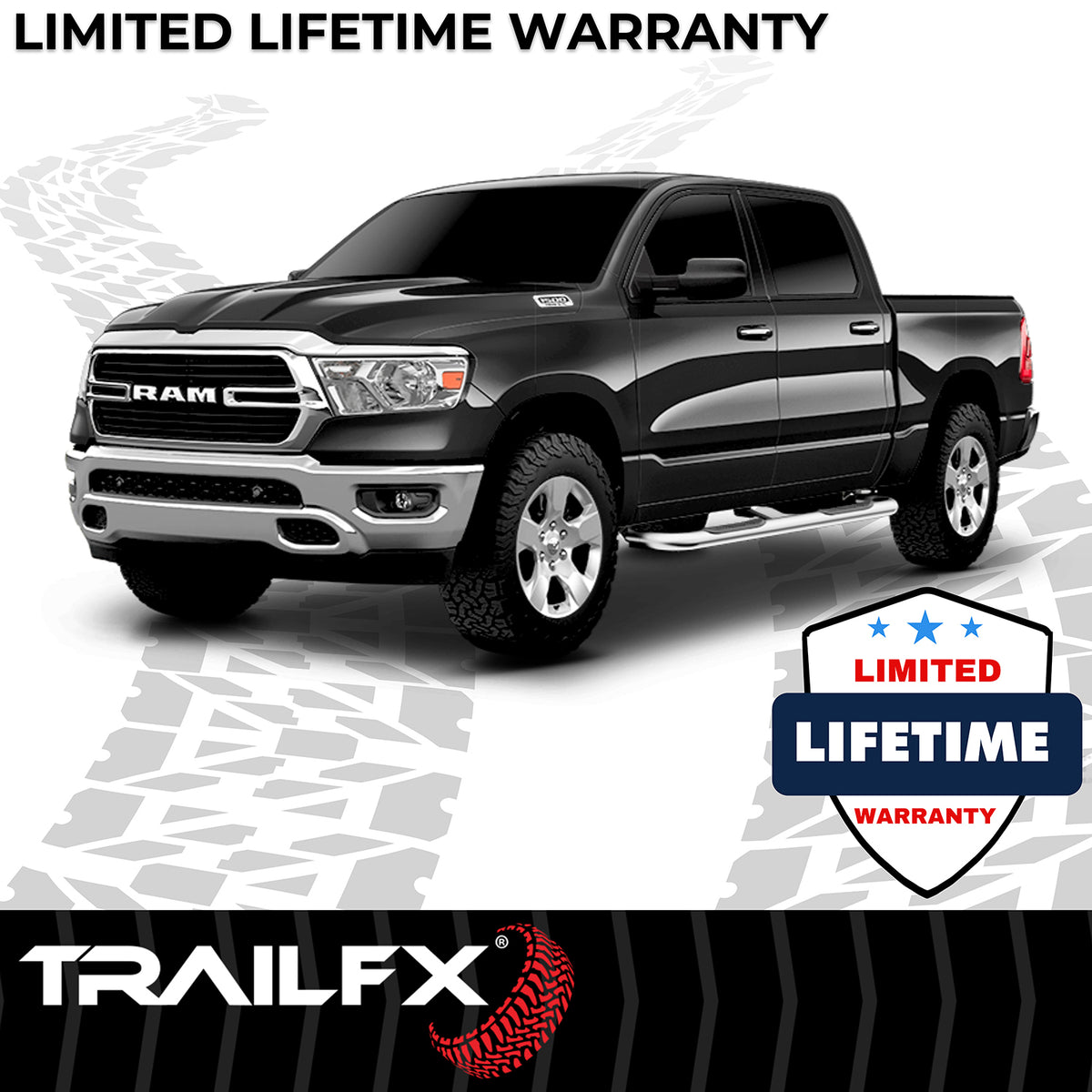 TrailFX Step Nerf Bar For Dodge, Ram Trucks - With Step Pads 3 Inch Round Bent 60 Degree Polished (A0046S)
