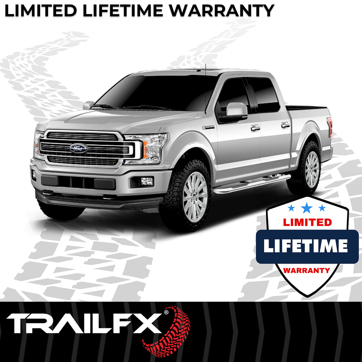 TrailFX Step Nerf Bar For Ford Trucks - With Step Pads 3 Inch Round Bent 90 Degree Polished (A0052S)