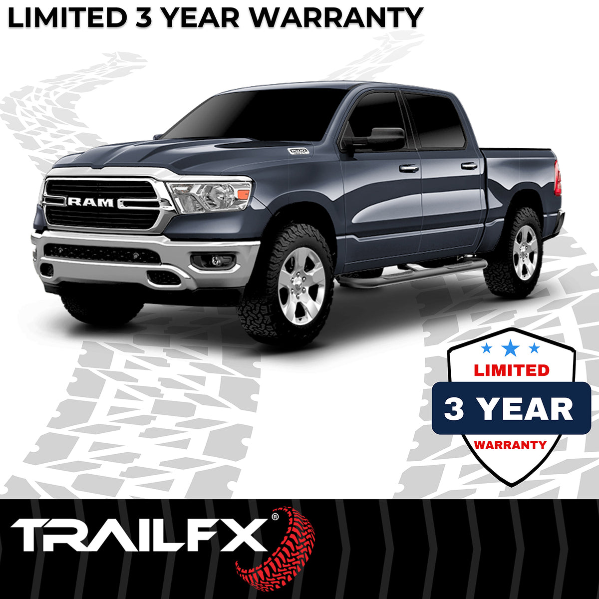 TrailFX Step Nerf Bar For Ram 1500 - With Step Pads 3 Inch Round Bent 90 Degree Powder Coated (A0053B)