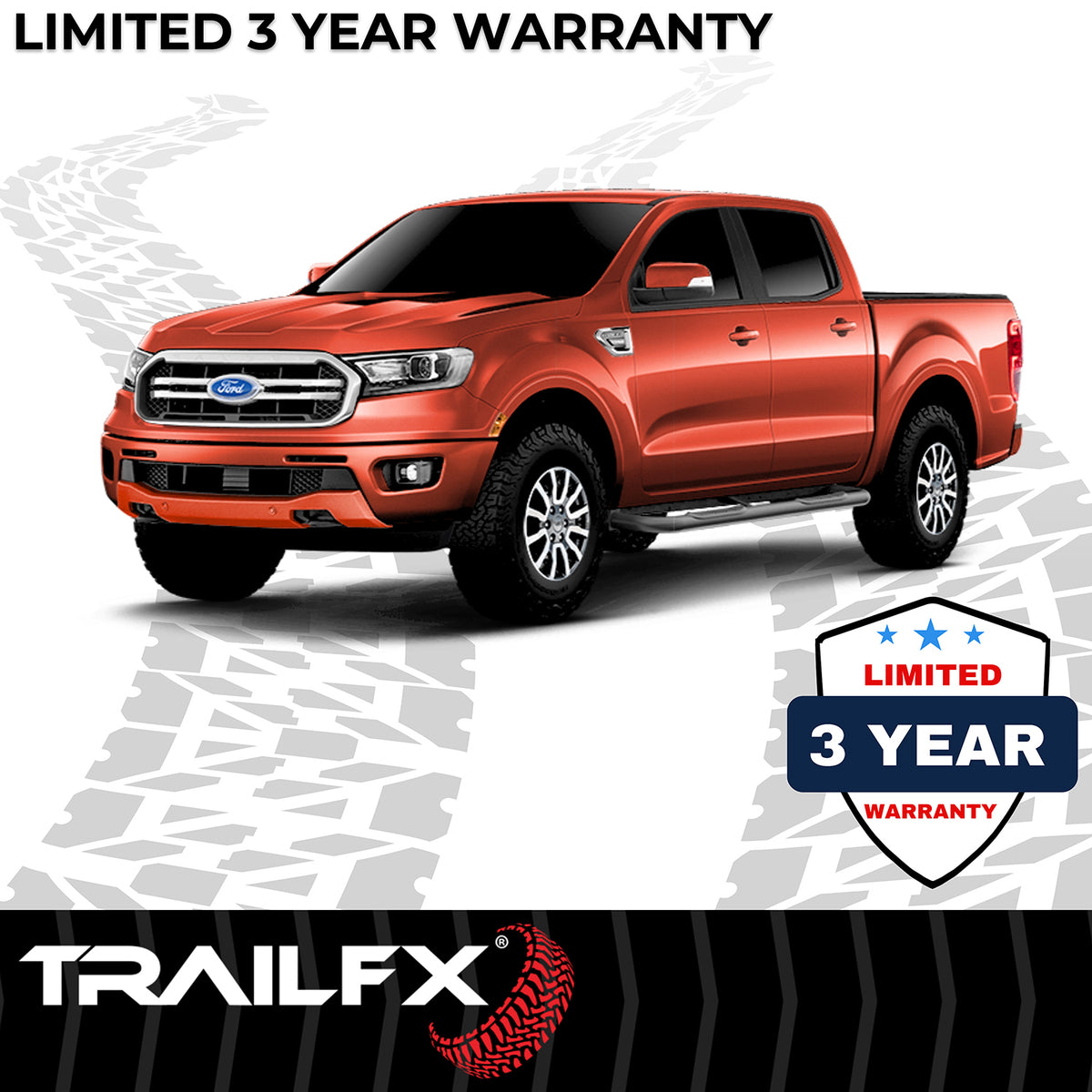 TrailFX Step Nerf Bar For Ford Ranger - With Step Pads, 3 Inch Round Bent, Without End Caps (A0059B)